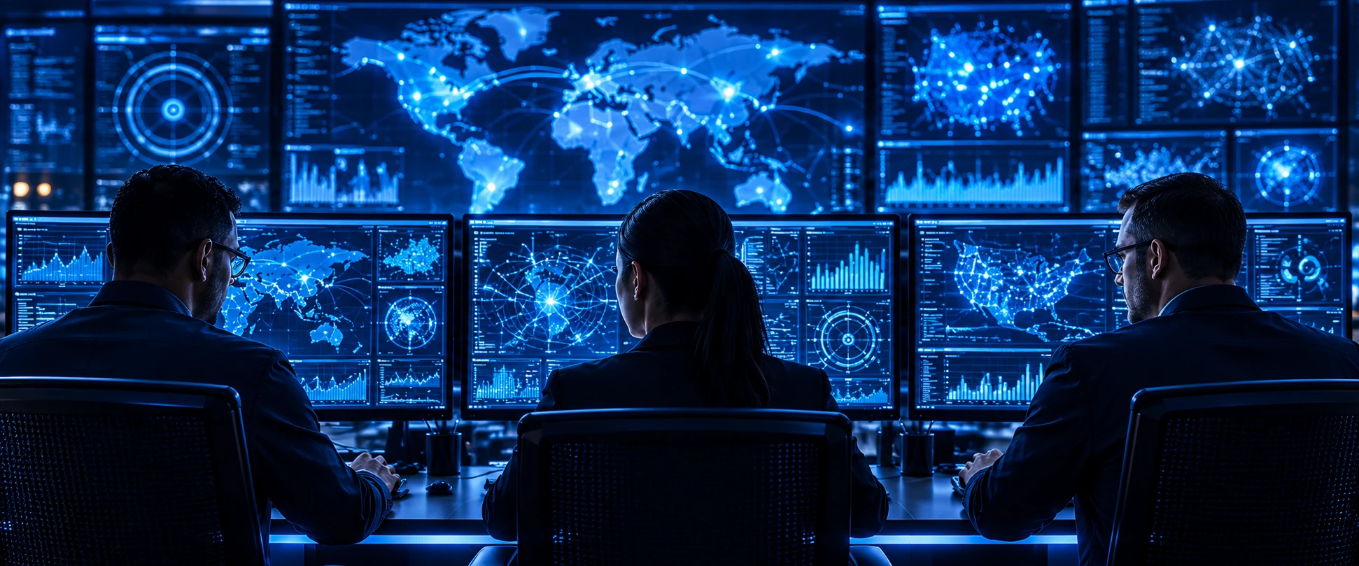 Cybersecurity analysts collaborating at security monitoring dashboards.