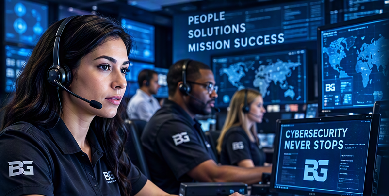 Braxton-Grant analysts with headsets working in a security operations center.