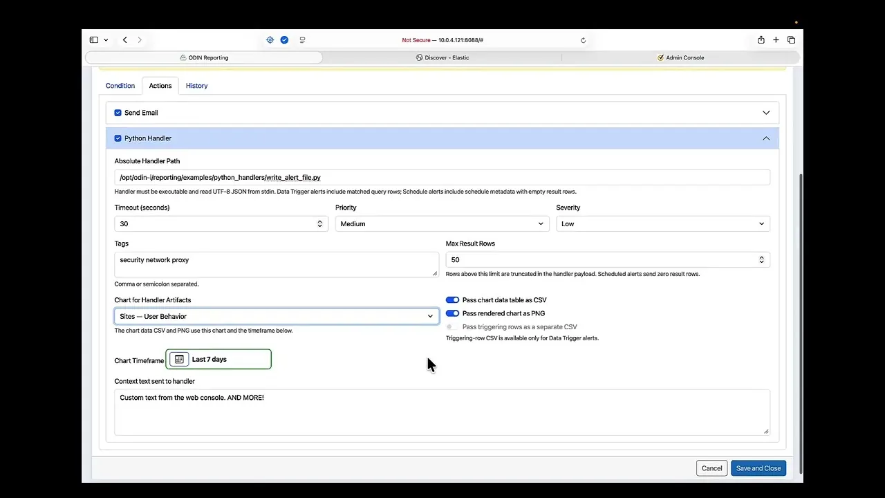 ODIN-I 2.0 walkthrough preview showing alert actions and chart export settings.